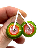 Large Spun Disk Earrings in Green, Orange, and Pink Glass