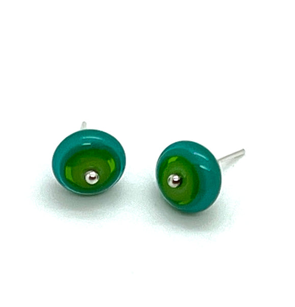 Circle Stud Earrings in Greens and Teal Glass and Sterling Silver