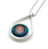 Large Modern Raindrop Necklace in Pink, Orange, and Dark Turquoise Glass and Sterling Silver