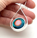 Large Modern Raindrop Necklace in Pink, Orange, and Dark Turquoise Glass and Sterling Silver