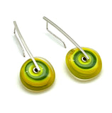 Large Long Spun Disk Earrings Yellow and Green Glass