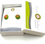 Small Short Circle Earrings in Pink, Orange, and Green Glass and Sterling Silver