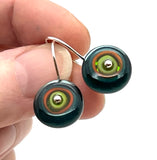 Small/Medium Short Circle Earrings in Green, Orange, Teal, and Deep Bottle Green Glass and Sterling Silver