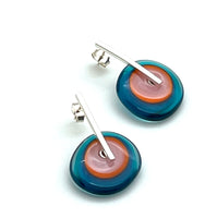 Large Spun Disk Earrings in Dark Aqua, Orange, and Pink Glass