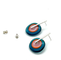 Large Spun Disk Earrings in Dark Aqua, Orange, and Pink Glass