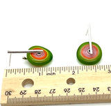 Large Spun Disk Earrings in Green, Orange, and Pink Glass