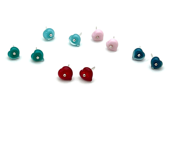 Glass Heart Stud Earrings in Glass (Choice of Color) and Silver