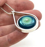 Modern Raindrop Necklace in Mint Green, Turquoise, and Steel Blue Glass and Sterling Silver