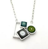 Falling Shapes Necklace in White, Gray, Turquoise, and Green Glass and Sterling Silver