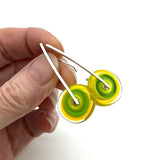 Large Long Spun Disk Earrings Yellow and Green Glass