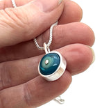 Tiny Framed Circle Necklace in Mint, Turquoise, and Steel Blue Glass and Sterling Silver