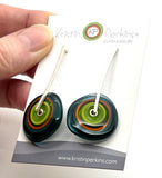 Large Long Spun Disk Earrings in Dark Teal, Orange, and Green Glass