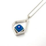 Offset Square Necklace in Blue and Turquoise Aqua Glass and Sterling Silver