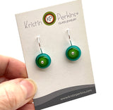 Small Short Circle Earrings in Green and Teal Glass and Sterling Silver