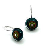 Small/Medium Short Circle Earrings in Green, Orange, Teal, and Deep Bottle Green Glass and Sterling Silver