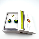 Medium Short Circle Earrings in Green, Orange, and Teal Glass and Sterling Silver