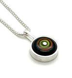 Tiny Framed Circle Necklace in Green, Orange, Teal, and Deep Bottle Green Glass and Sterling Silver