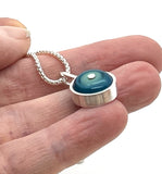 Tiny Framed Circle Necklace in Mint, Turquoise, and Steel Blue Glass and Sterling Silver