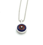 Tiny Framed Circle Necklace in Red Orange, Violet, and Gray Glass and Sterling Silver