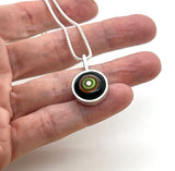 Tiny Framed Circle Necklace in Green, Orange, Teal, and Deep Bottle Green Glass and Sterling Silver