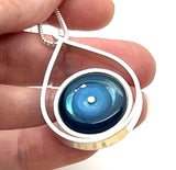 Modern Raindrop Necklace in Turquoise, Blue, and Steel Blue Glass and Sterling Silver