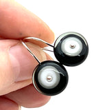 Small Short Circle Earrings in Black, White, and Gray Glass and Sterling Silver