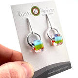 Rainbow Striped Cube Earrings on Silver Circle Long Post