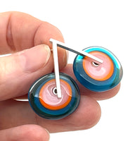 Large Spun Disk Earrings in Dark Aqua, Orange, and Pink Glass
