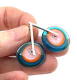 Large Spun Disk Earrings in Dark Aqua, Orange, and Pink Glass