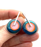 Large Spun Disk Earrings in Dark Aqua, Orange, and Pink Glass