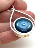 Modern Raindrop Necklace in Turquoise, Blue, and Steel Blue Glass and Sterling Silver
