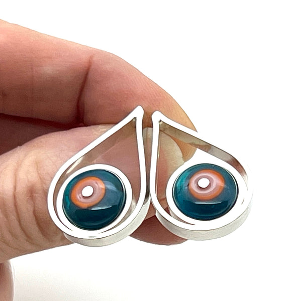 Modern Raindrop Stud Earrings in Pink, Orange, and Dark Turquoise Glass and Sterling Silver