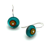 Small Short Circle Earrings in Teal, Orange, and Chartreuse  Glass and Sterling Silver