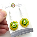 Large Long Spun Disk Earrings Yellow and Green Glass