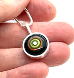 Tiny Framed Circle Necklace in Green, Orange, Teal, and Deep Bottle Green Glass and Sterling Silver