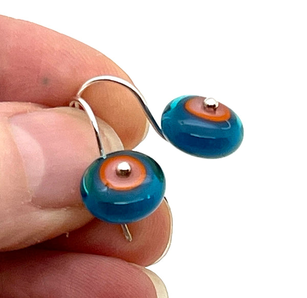 Small Short Circle Earrings in Pink, Orange, and Dark Turquoise Glass and Sterling Silver