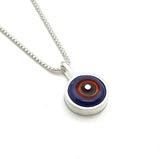 Tiny Framed Circle Necklace in Red Orange, Violet, and Gray Glass and Sterling Silver