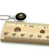 Tiny Framed Circle Necklace in Green, Orange, Teal, and Deep Bottle Green Glass and Sterling Silver