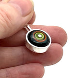 Tiny Framed Circle Necklace in Green, Orange, Teal, and Deep Bottle Green Glass and Sterling Silver