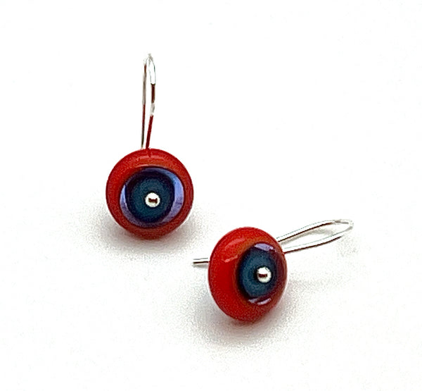 Small Short Circle Earrings in Turquoise and Orange Glass and Sterling Silver