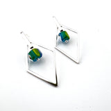 Large Striped Cube Glass and Silver Diamond Shape Earrings