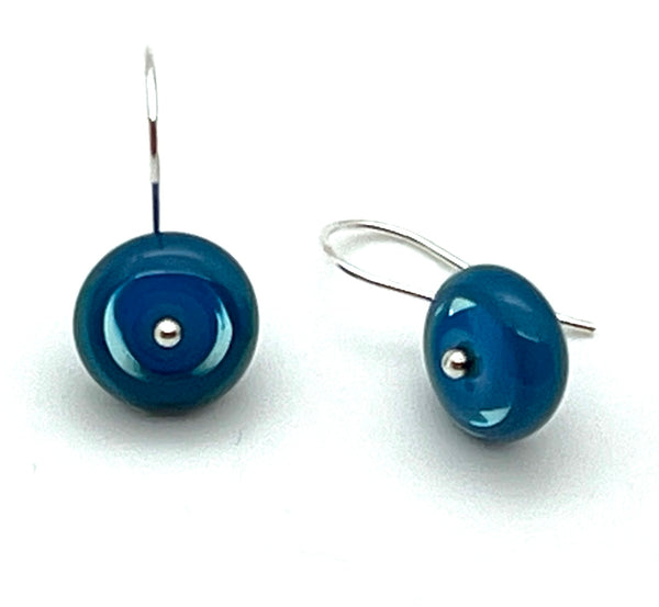 Small Short Circle Earrings in Turquoise, Blue, and Steel Blue Glass and Sterling Silver