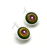 Framed Circle Short Circle Earrings in Green, Orange, and Lavender Glass and Sterling Silver