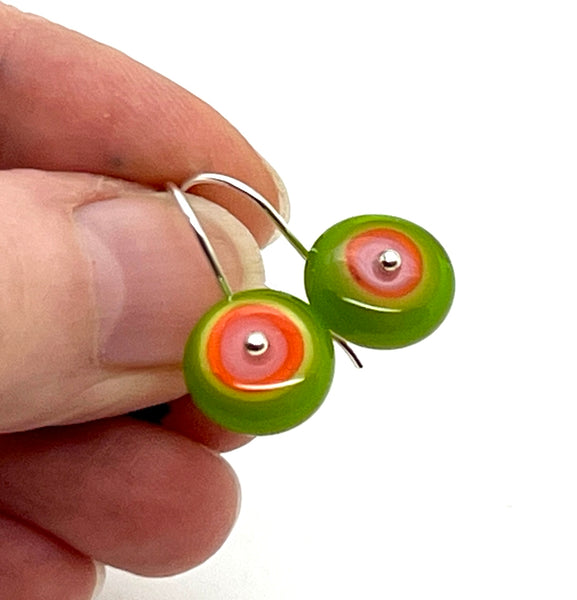 Small Short Circle Earrings in Pink, Orange, and Green Glass and Sterling Silver