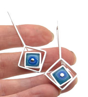 Offset Square Dangle Earrings with Blue and Turquoise Glass and Sterling Silver