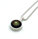 Tiny Framed Circle Necklace in Green, Orange, Teal, and Deep Bottle Green Glass and Sterling Silver