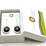 Offset Circle Long Stud Earrings in Green, Orange, and Deep Bottle Green Glass and Sterling Silver