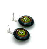 Large Spun Disk Earrings in Deep Teal, Orange, and Green, Orange, and Green Glass