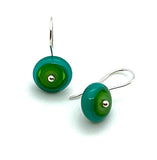 Small Short Circle Earrings in Green and Teal Glass and Sterling Silver