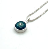 Tiny Framed Circle Necklace in Mint, Turquoise, and Steel Blue Glass and Sterling Silver